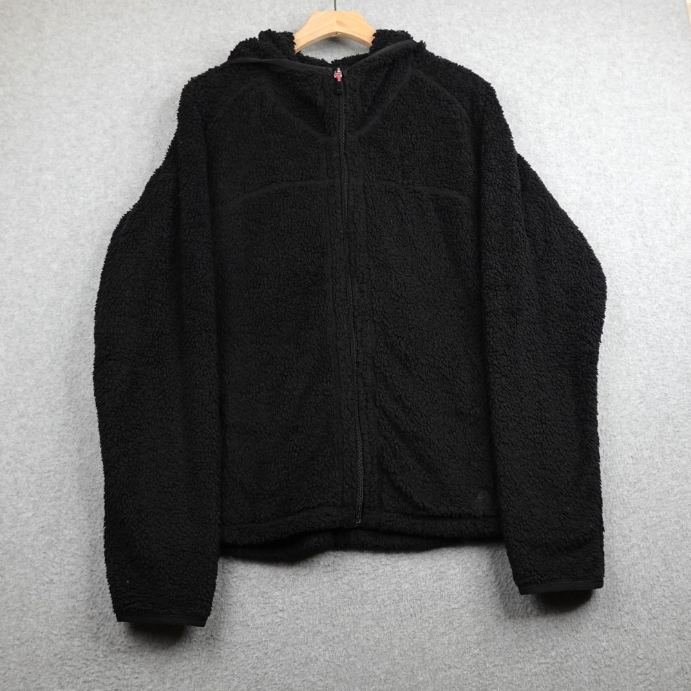 Nike ACG Fleece Jacket Womens Large Deep Pile Thick Black Full Zip Hooded Hiking
